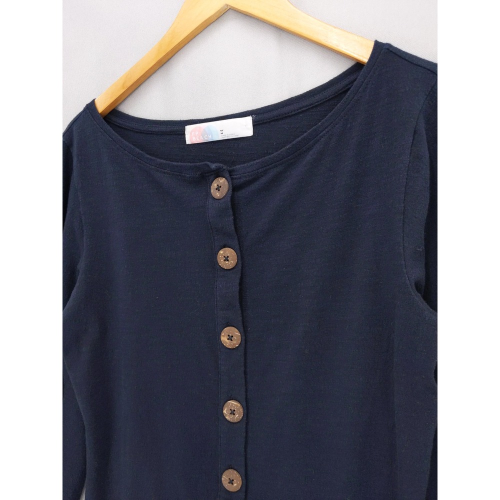 Free People FP Beach Dress Womens Medium Navy Blue Button Front Balloon Sleeve - Picture 2 of 11